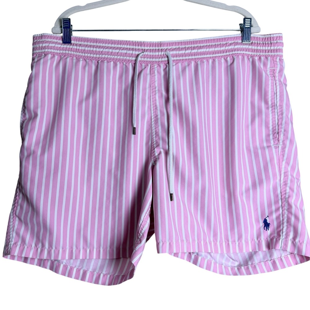 Polo Ralph Lauren Swim Trunks Men Large Pink Striped Coastal Beach Nautical
